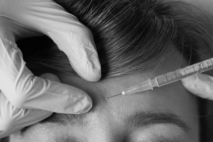 Anti-wrinkle treatment administered by doctor on patient's forehead.